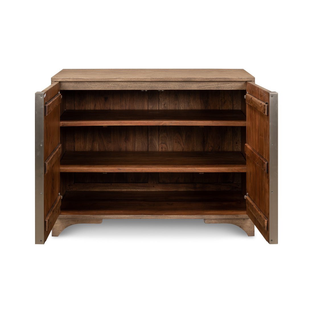Modern pine side cabinet interior shelves open.