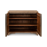 Modern pine side cabinet interior shelves open.