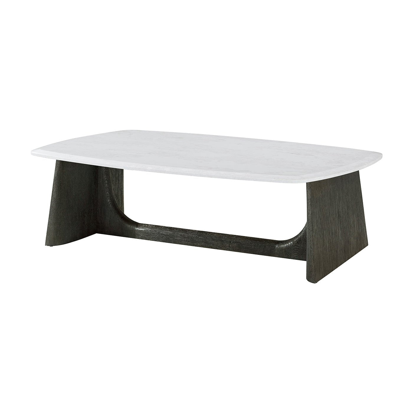 Modern quartz top coffee table angle view with charcoal base.