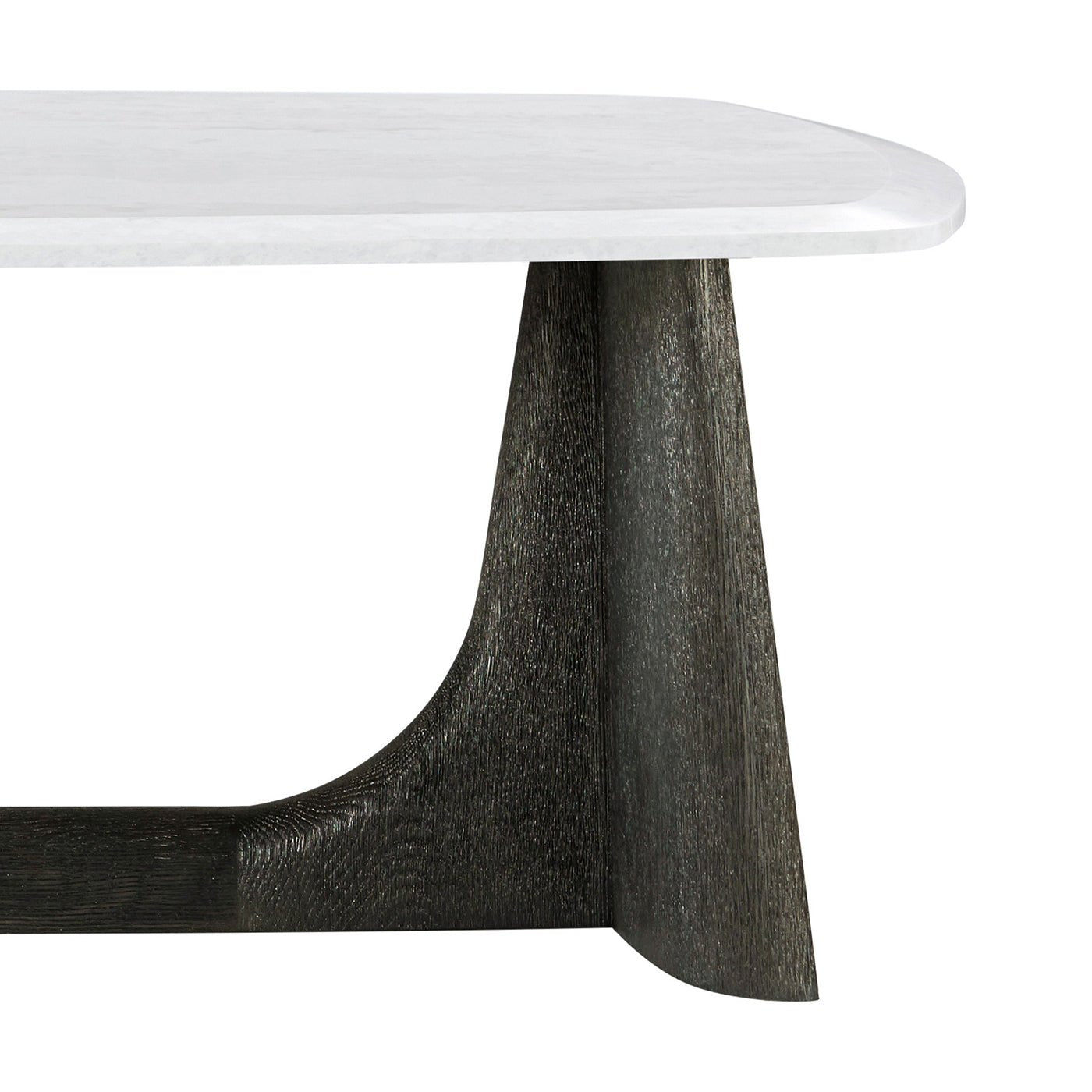 Detail of coffee table's sculpted charcoal leg and top.