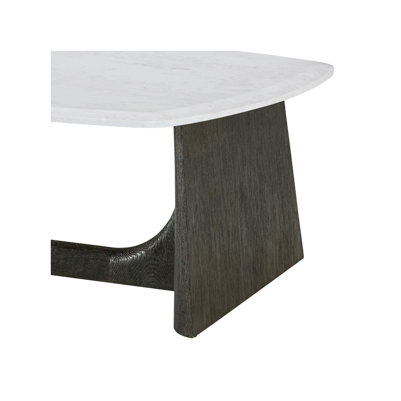 Close-up of rectangular coffee table corner with dark base.