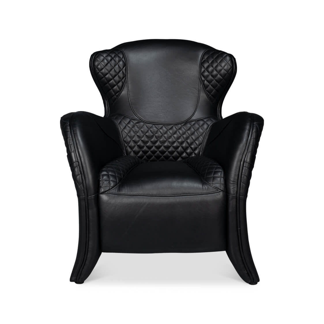Side profile of black armchair with buckle detail.