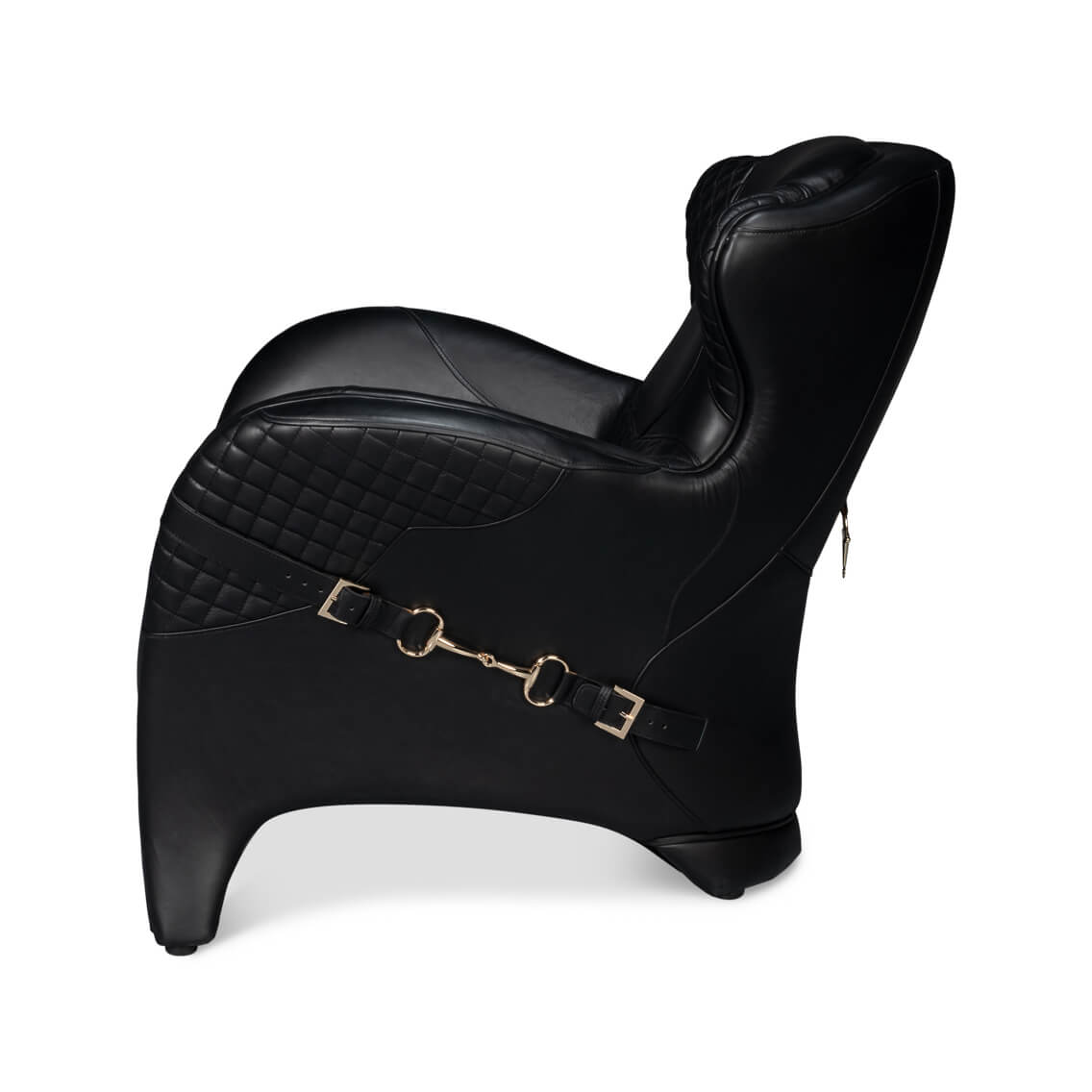 Back view of armchair with leather strap.
