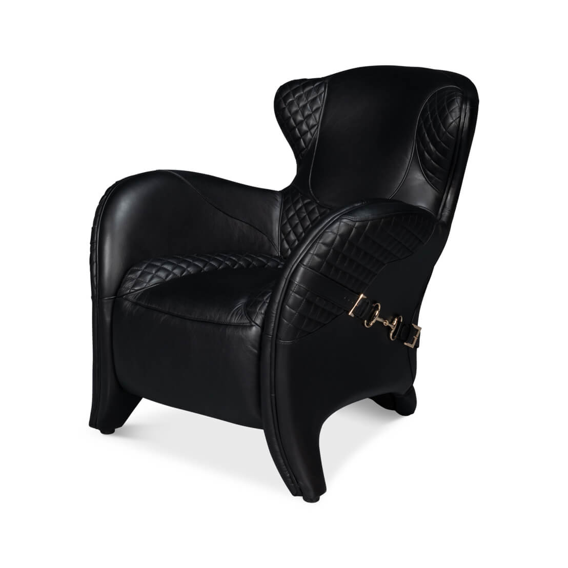 Front view of black quilted leather armchair.