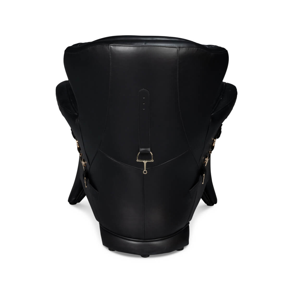 Angled side view of black leather armchair.