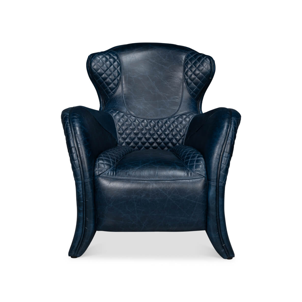 Quilted blue leather armchair showing full front.