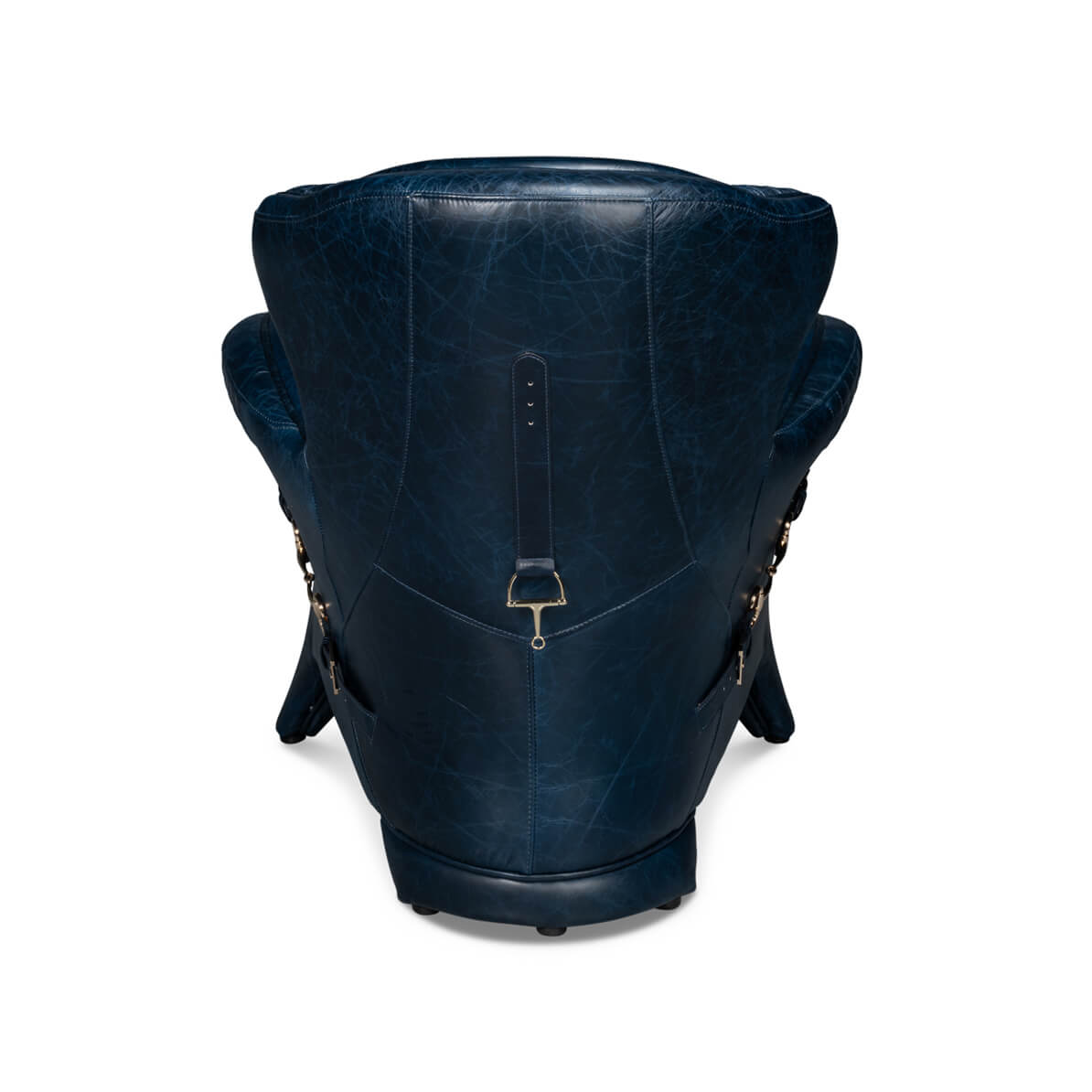 Back view of blue armchair with buckle strap.