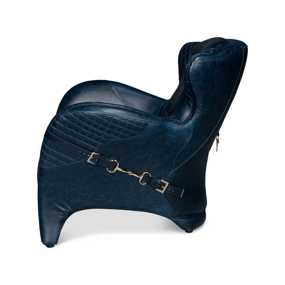 Blue armchair side view with buckle accent.