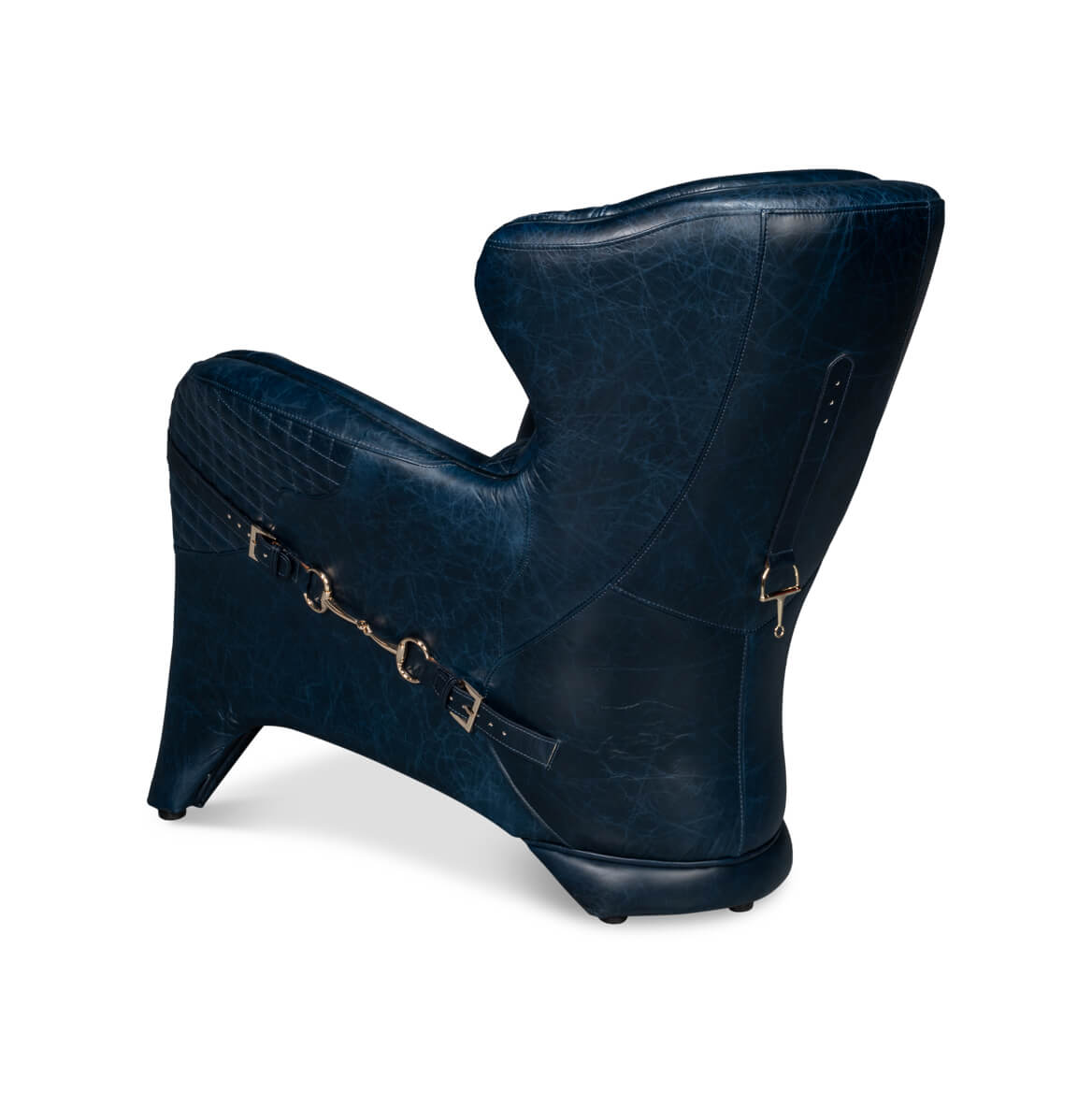 Blue leather armchair back with buckle detail.