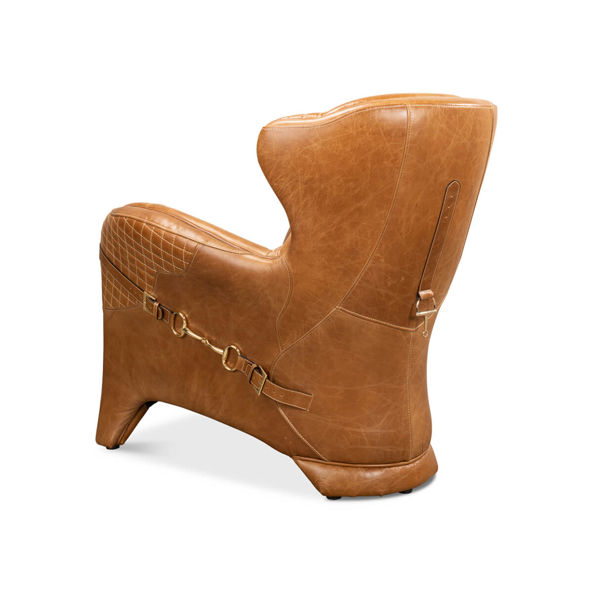 Brown quilted leather armchair, angled back side view.
