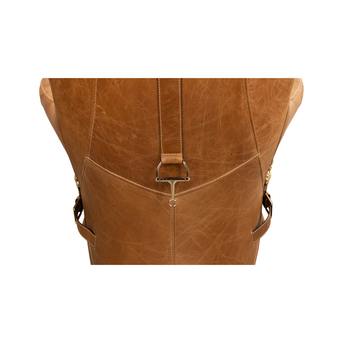 Brown leather armchair, close-up of back strap detail.