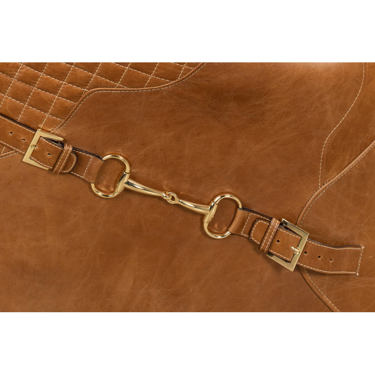 Brown leather armchair buckle detail, side view.