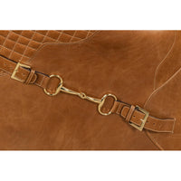 Brown leather armchair buckle detail, side view.