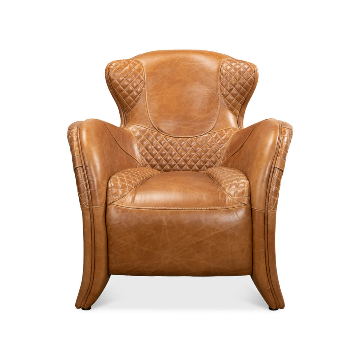 Brown quilted leather armchair, front view showing seat.