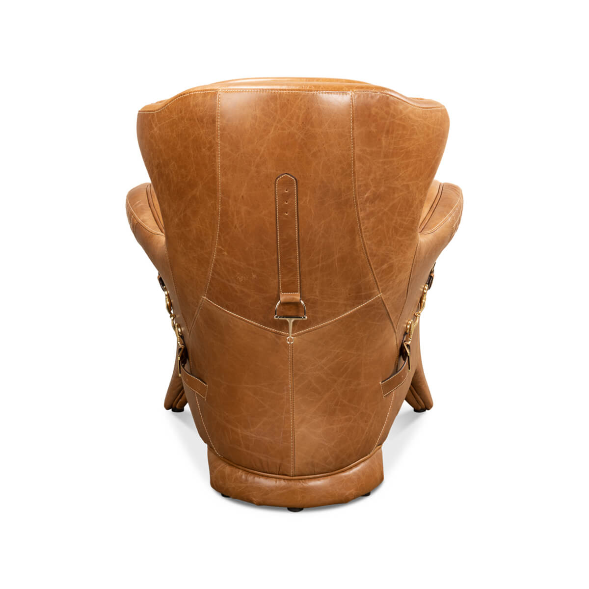 Brown quilted leather armchair, back view showing strap.