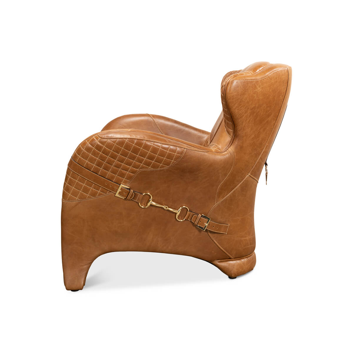 Brown quilted leather armchair, side view with buckles.