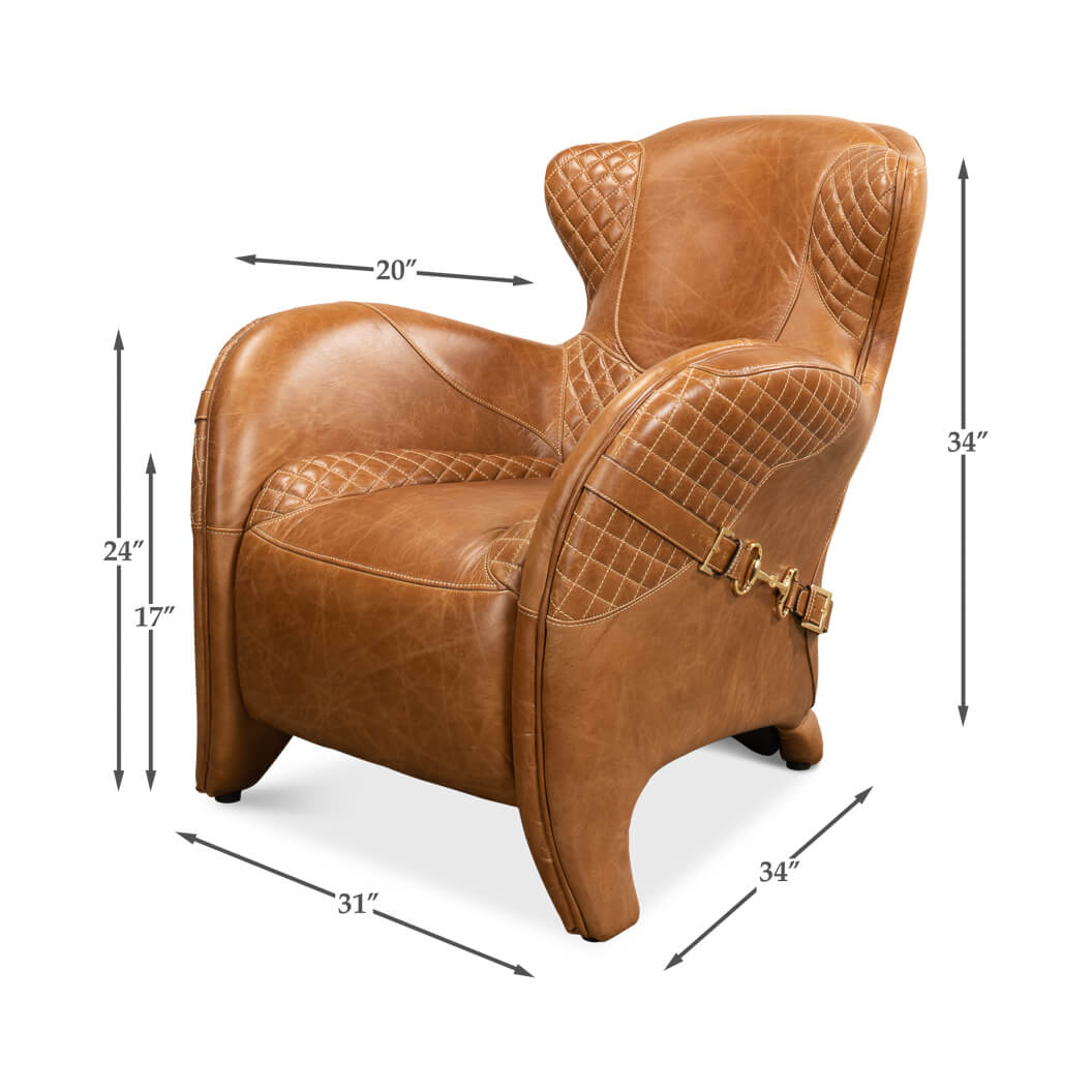Brown leather armchair with dimensions, angled front view.
