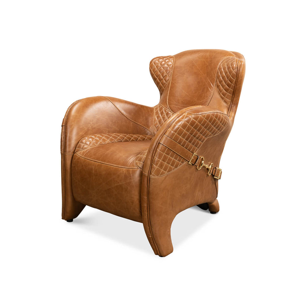 Brown quilted leather armchair, three-quarter front view.