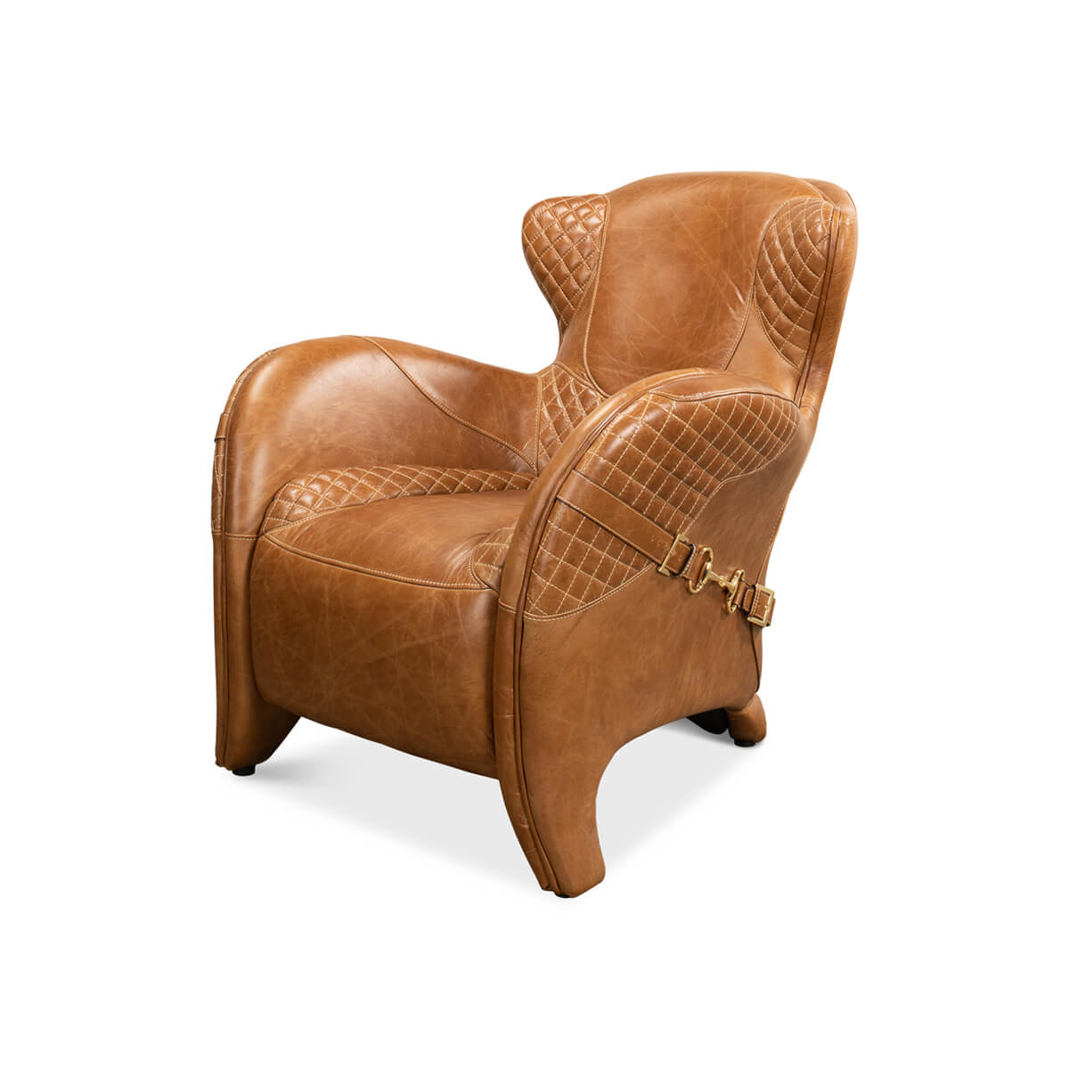 Brown quilted leather armchair, three-quarter front view.