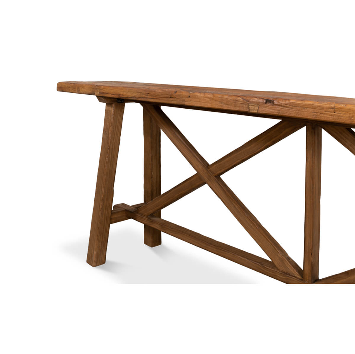 Rustic wood console table, leg and crossbar detail.