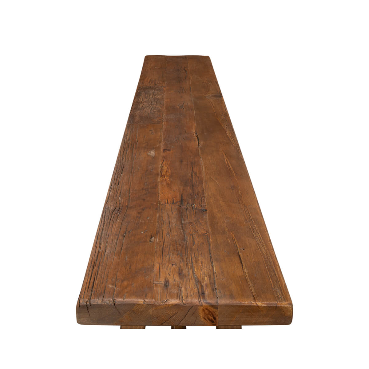 Rustic wood console table, top-down view.
