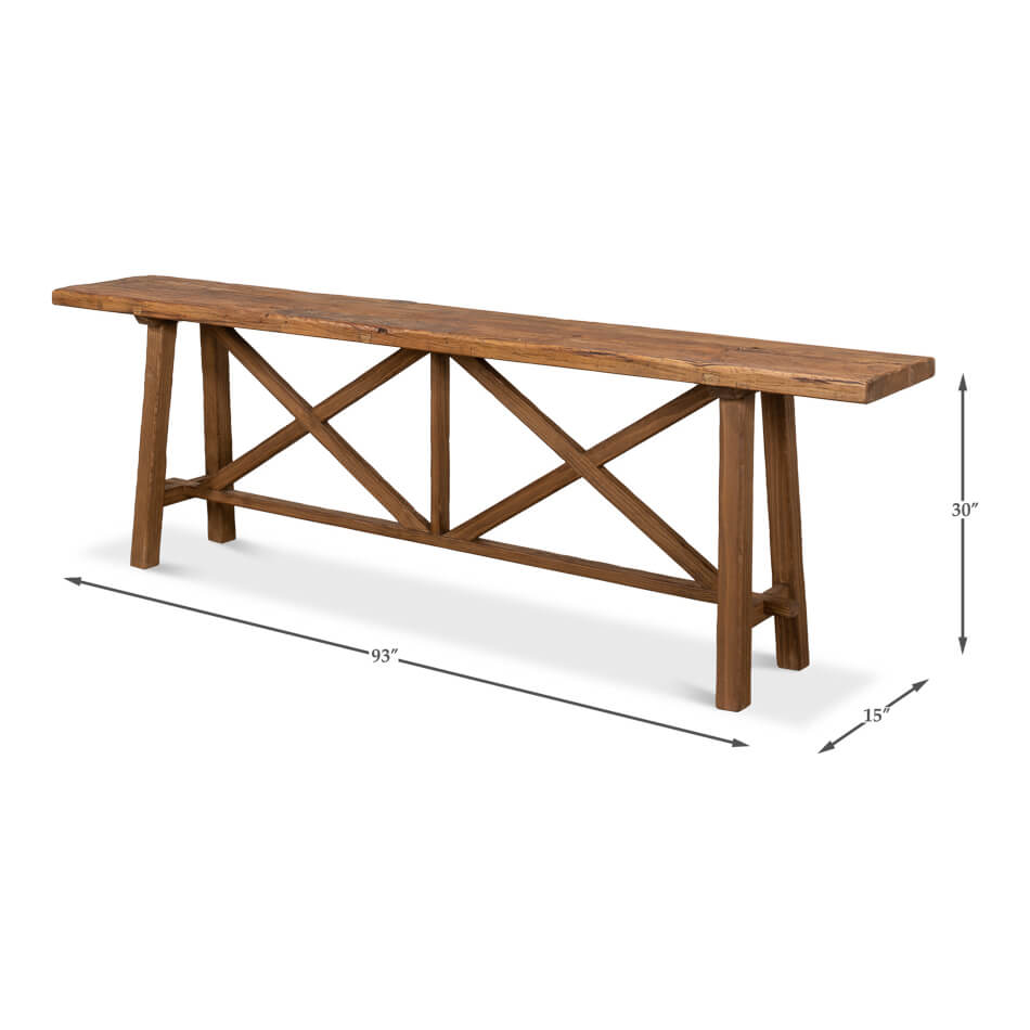 Rustic wood console table, dimensions shown.