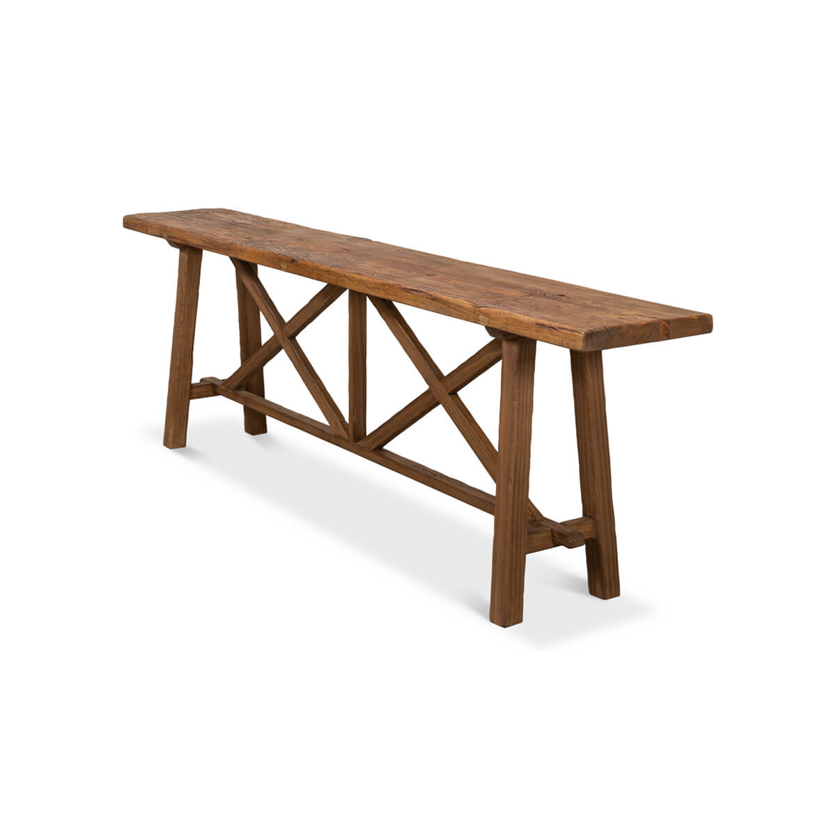 Rustic wood console table, side angle view.