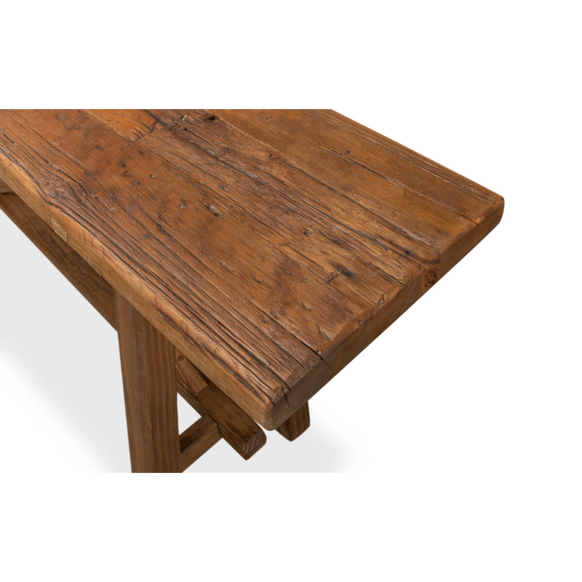 Close-up of rustic wood console tabletop.