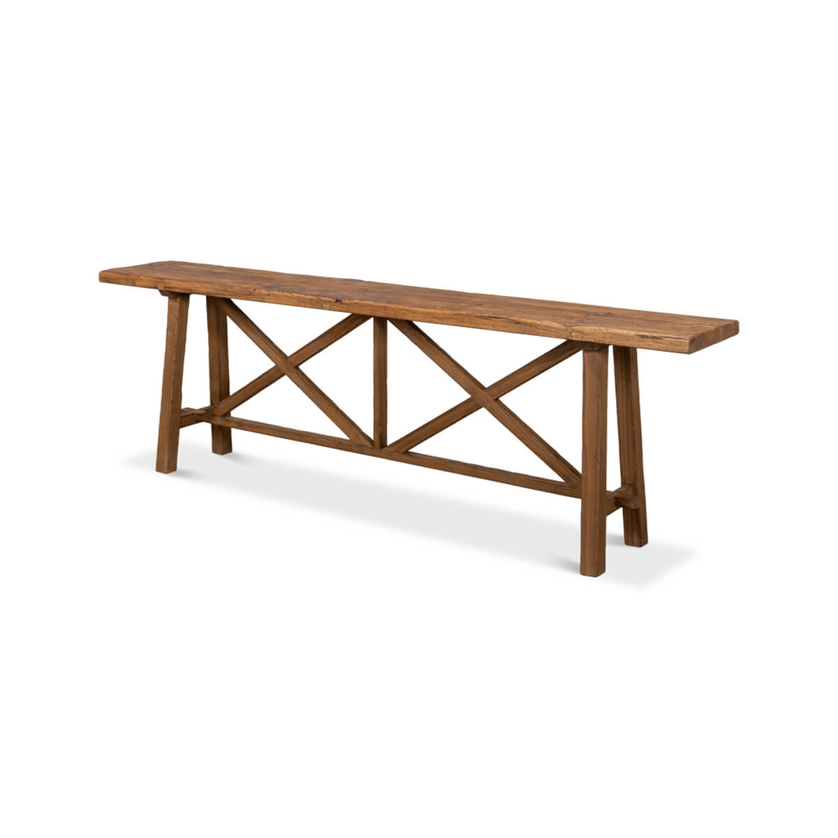 Rustic wood console table, angled front view.