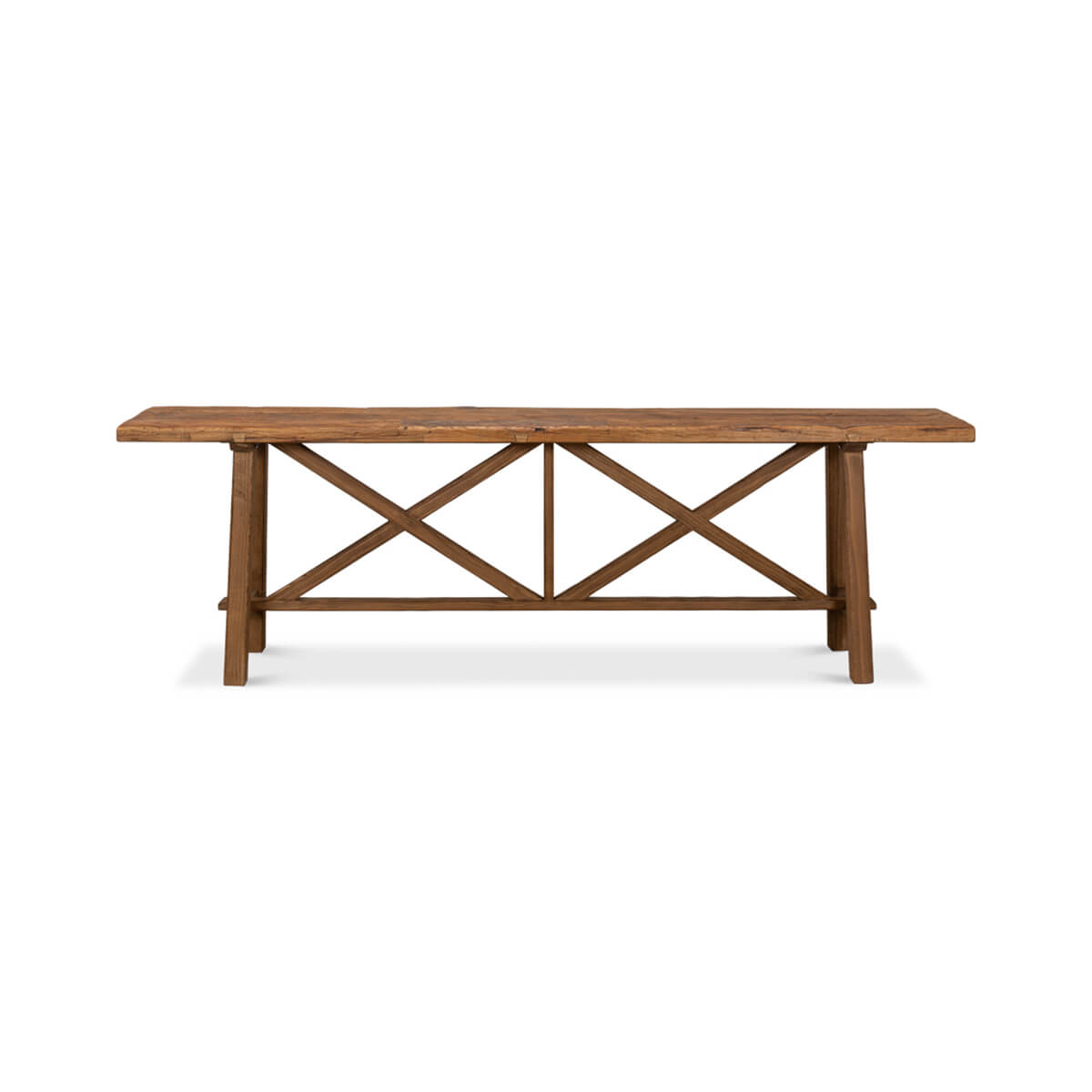 Rustic wood console table, straight front view.