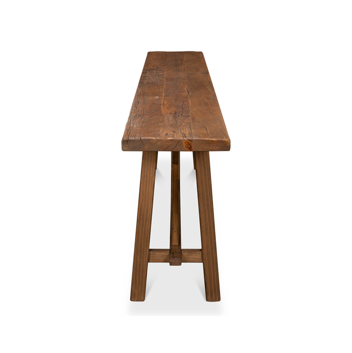 Rustic wood console table, end view.