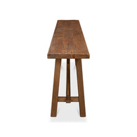 Rustic wood console table, end view.