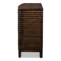 Profile view of ribbed bowfront cabinet, showcasing depth.