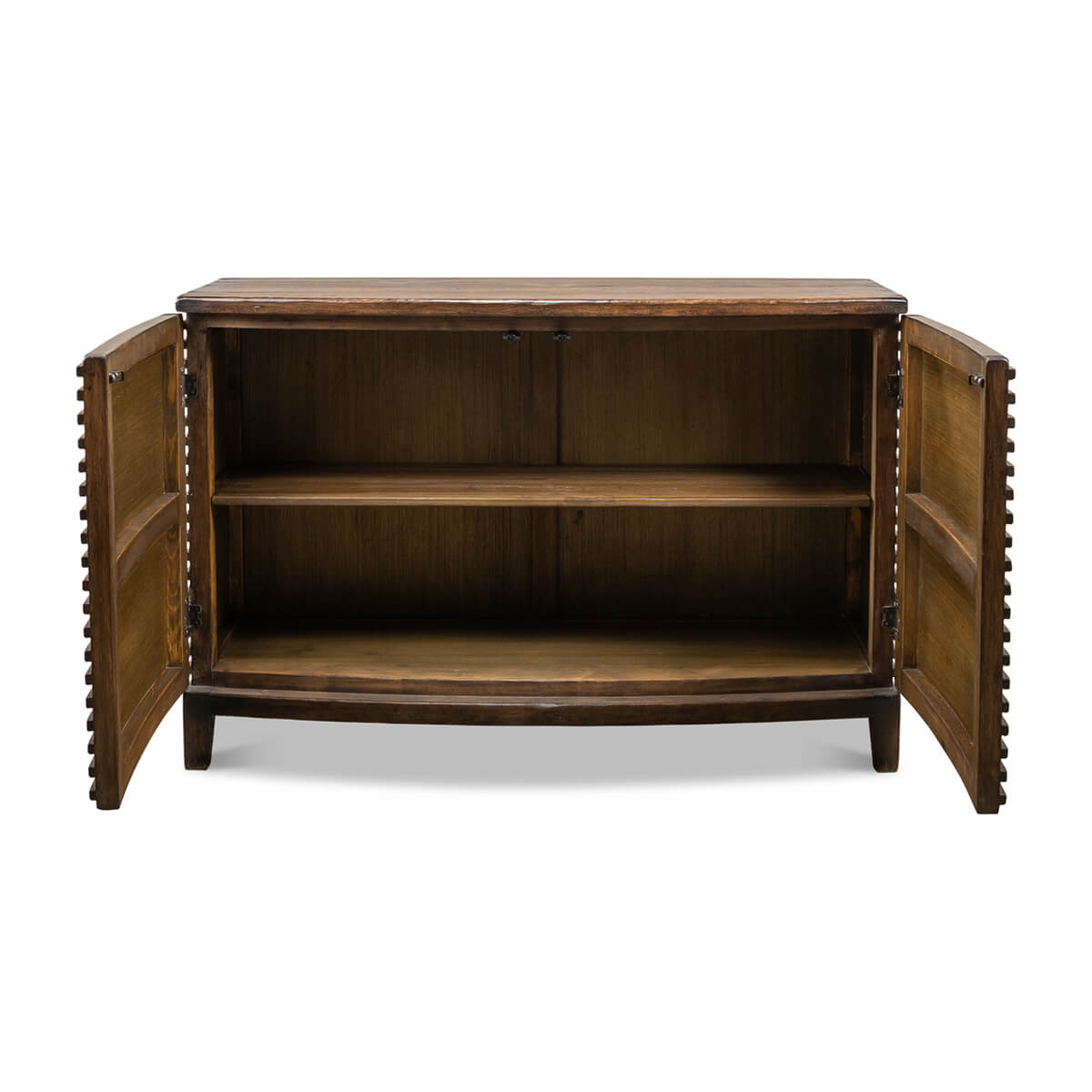 Interior shelves of ribbed bowfront cabinet, open doors.