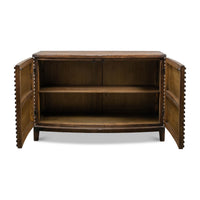 Interior shelves of ribbed bowfront cabinet, open doors.