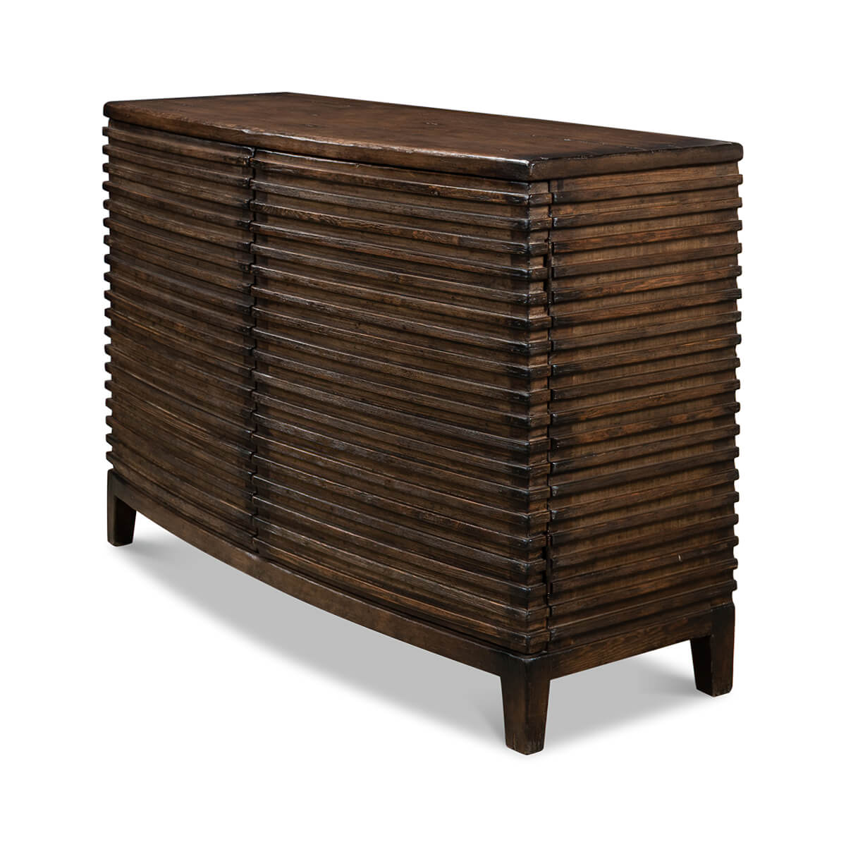 Side angle of ribbed bowfront cabinet, showcasing ribbed design.
