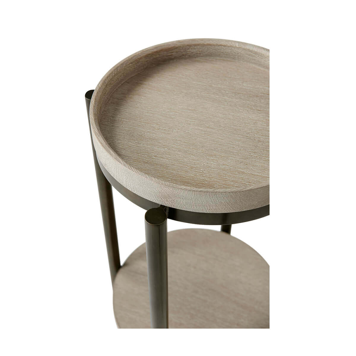 Overhead view of two shelves on modern round accent table