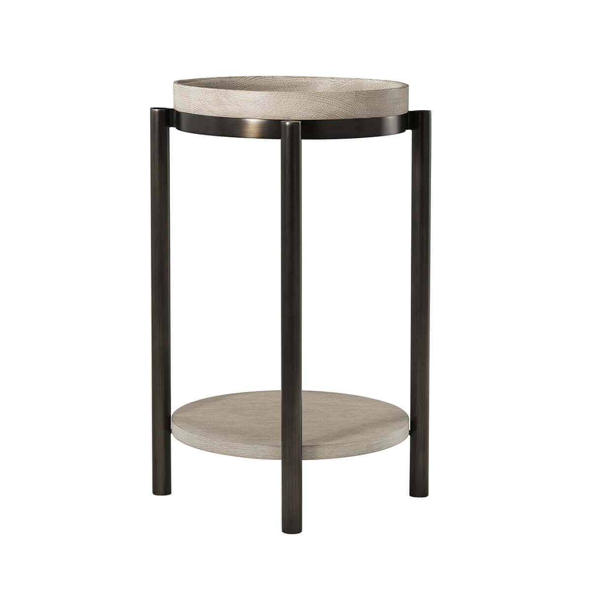 Modern round accent table angled view showing structure