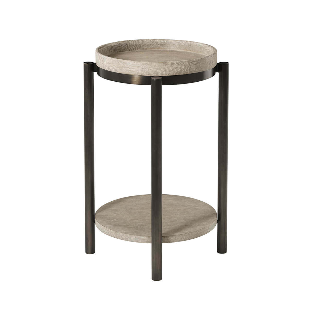 Side view of modern round accent table with legs