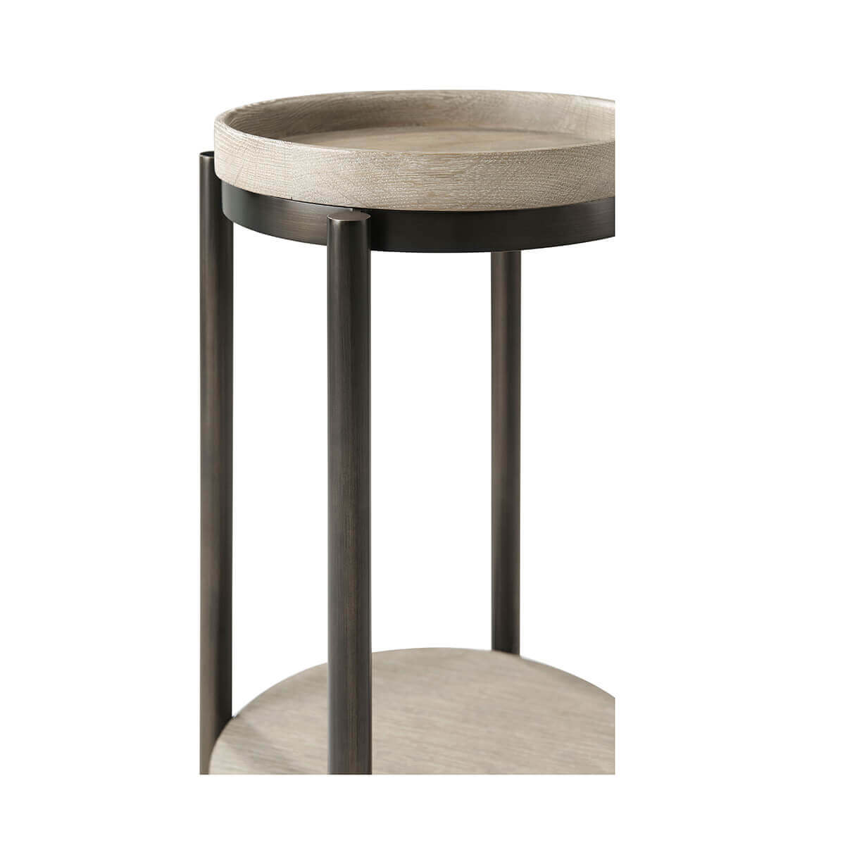 Detailed view of legs and lower shelf on accent table
