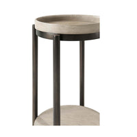 Detailed view of legs and lower shelf on accent table