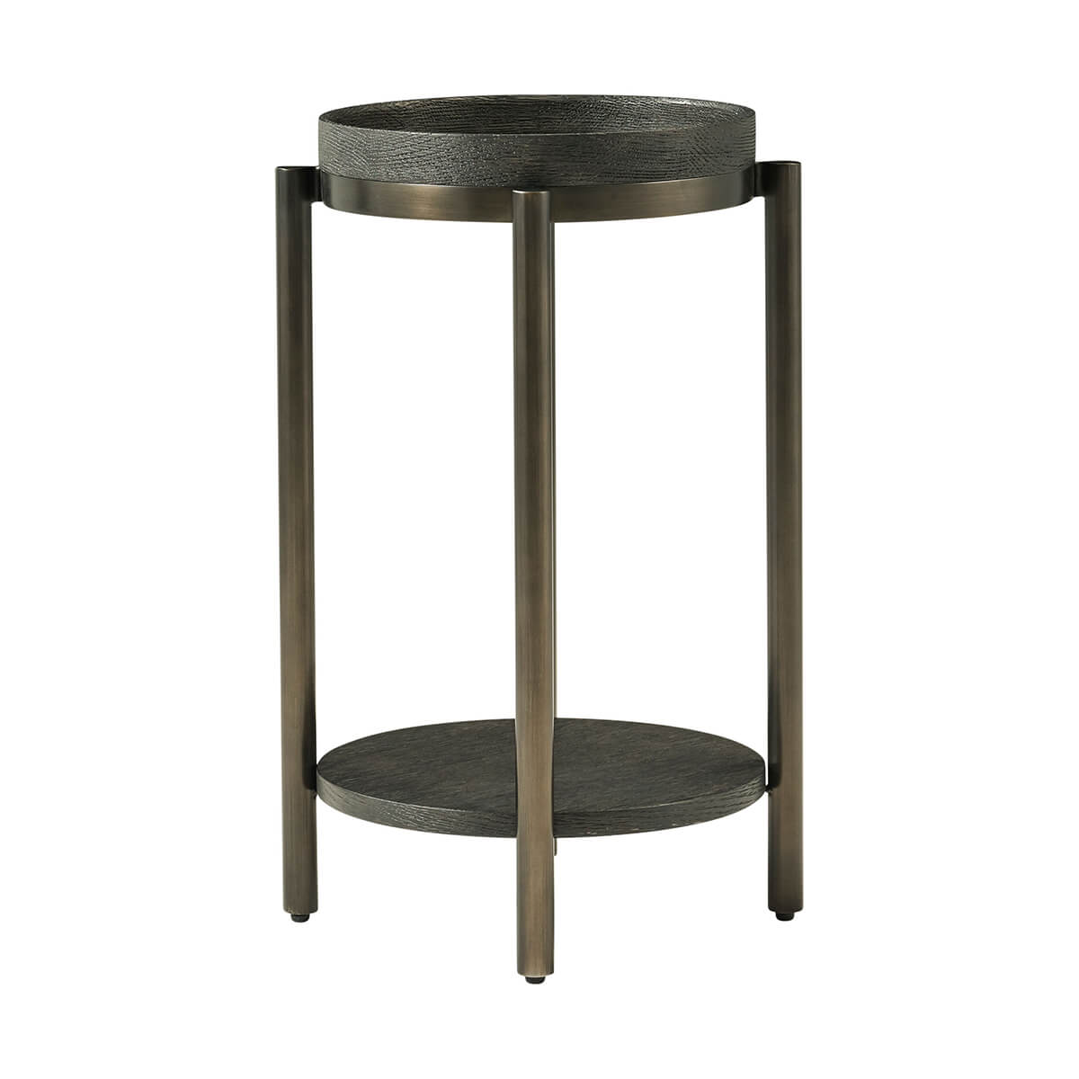 Side angle of modern round accent table, dark tones