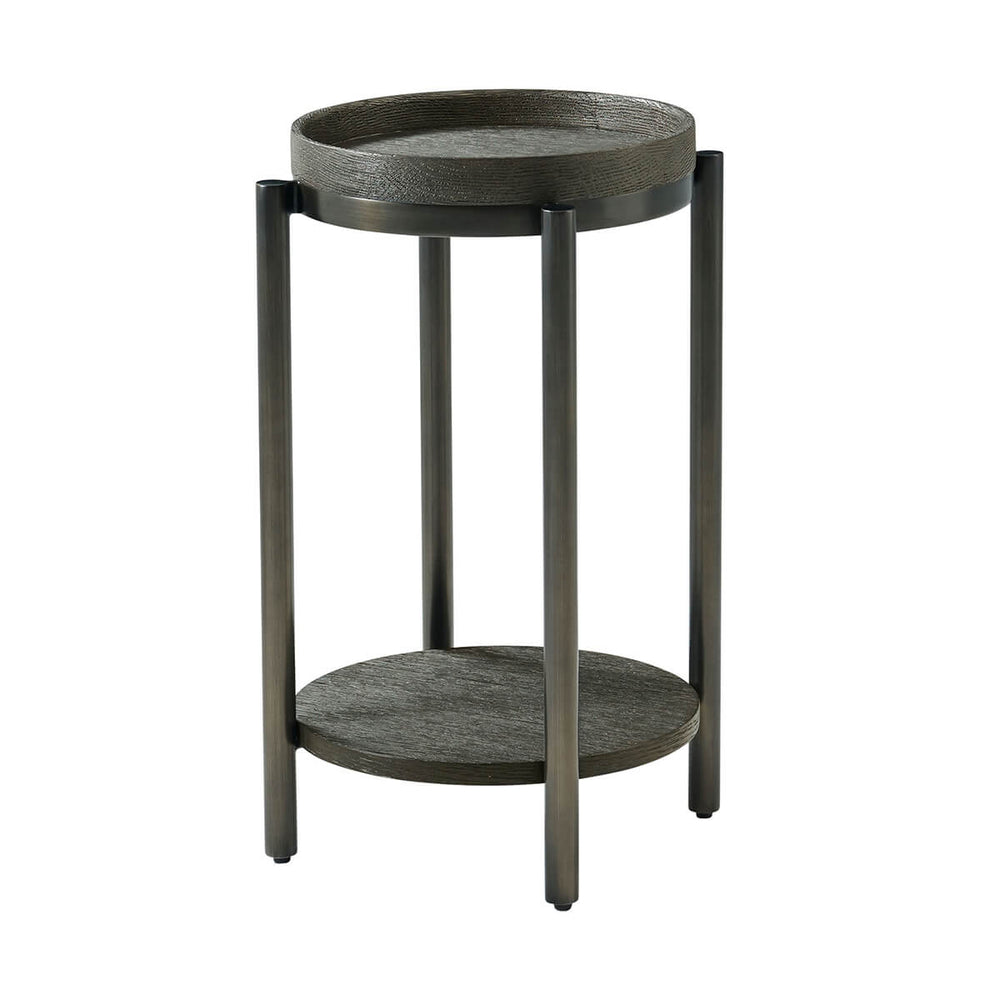 Modern round accent table, dark wood, side view