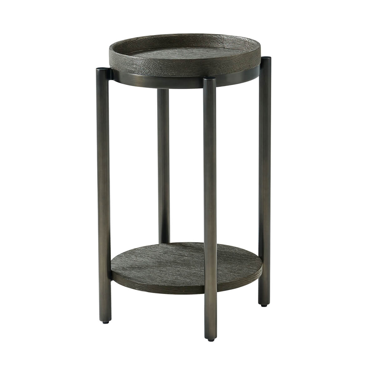 Modern round accent table, dark wood, side view