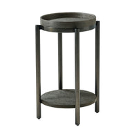 Modern round accent table, dark wood, side view