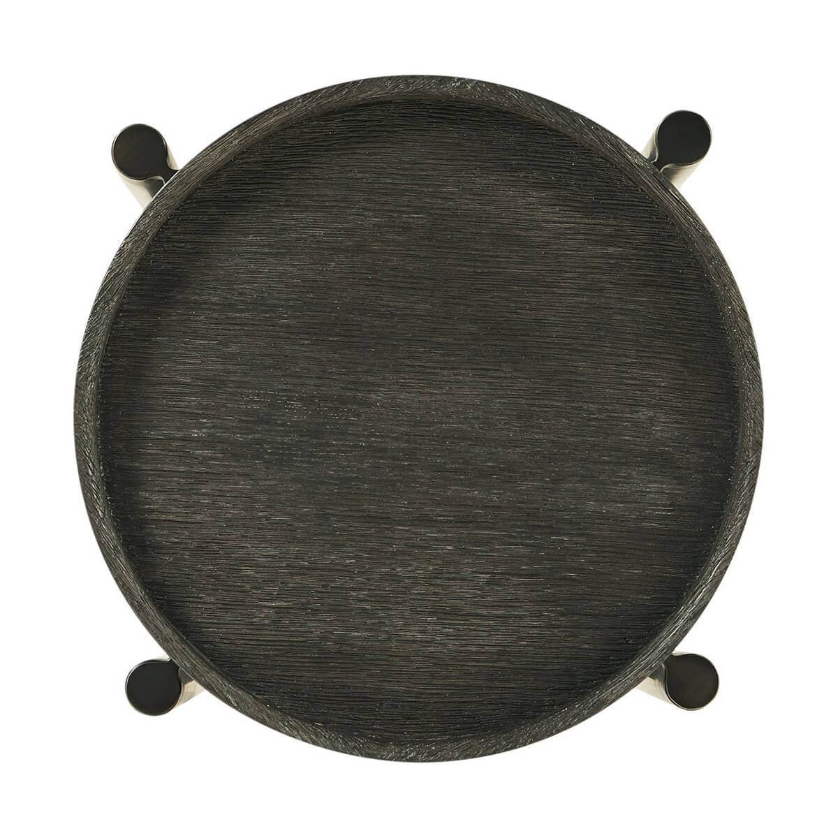 Top view of modern round accent table, dark wood