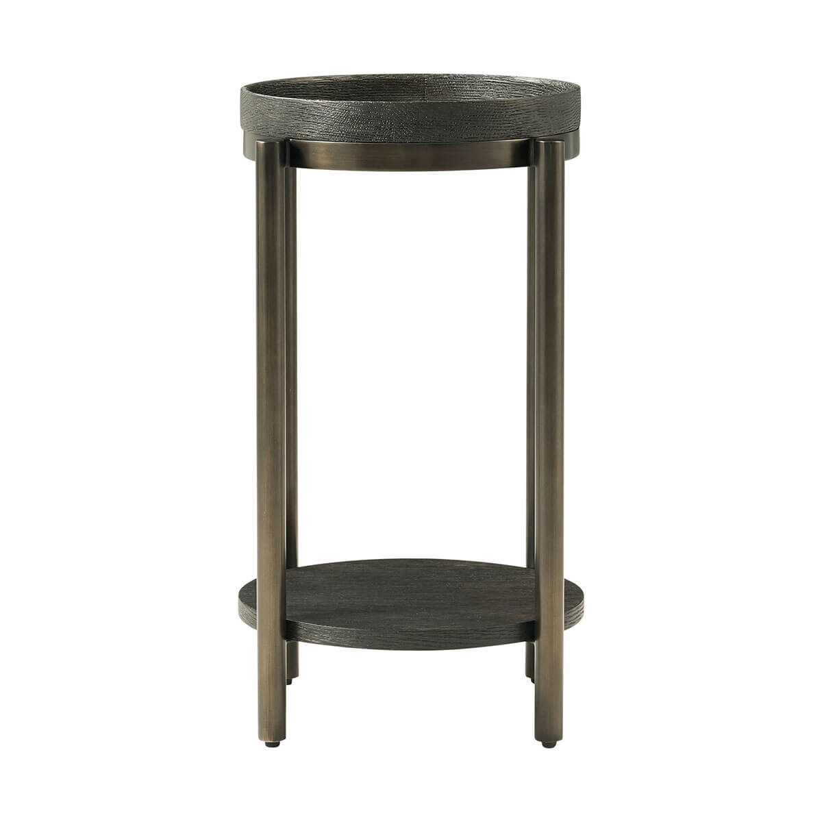 Front view of modern round accent table, dark finish