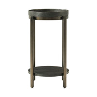 Front view of modern round accent table, dark finish