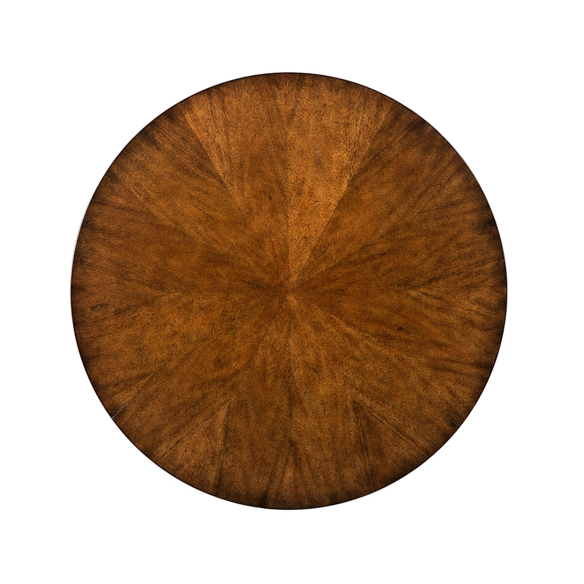 Top view of modern round coffee table, wood finish.