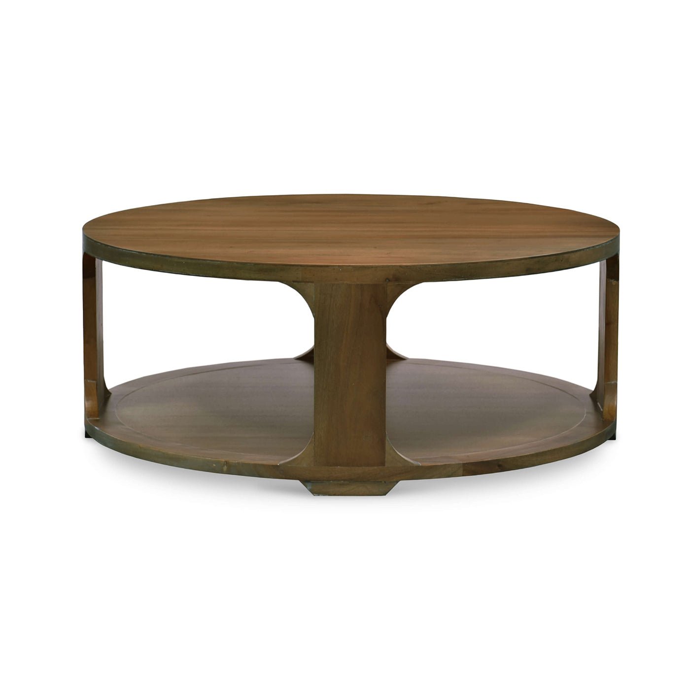 Modern coffee table, wooden finish, front view.